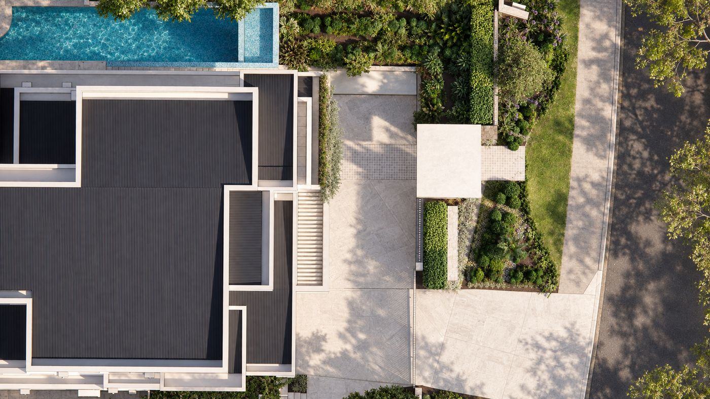 Aerial plan view showing roof, pool, driveway, entry pavilion and front garden beds