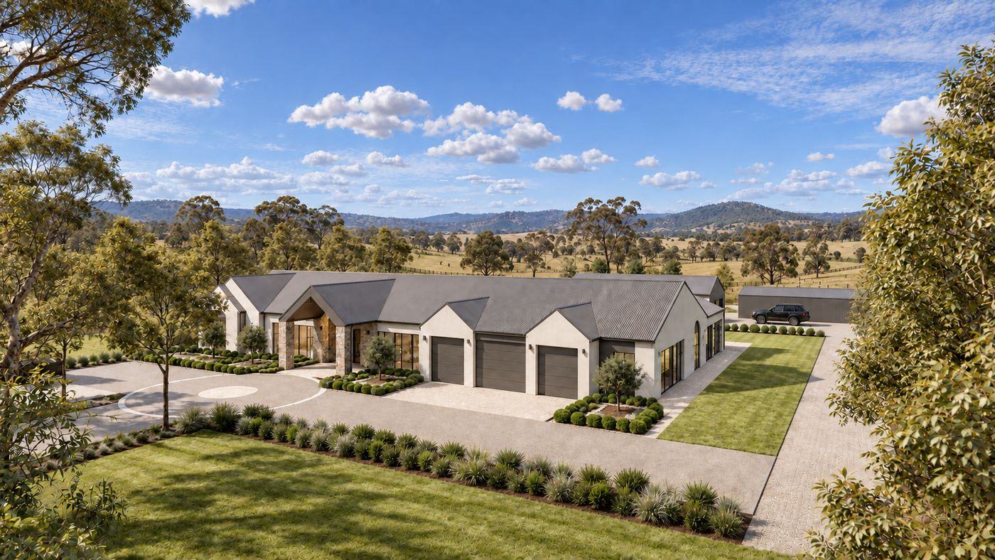 Aerial view of a rural homestead with a long tree-lined approach, lawns and paddocks