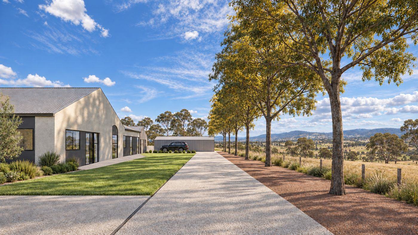 Driveway lined with avenue trees beside the house, paddocks and hills beyond