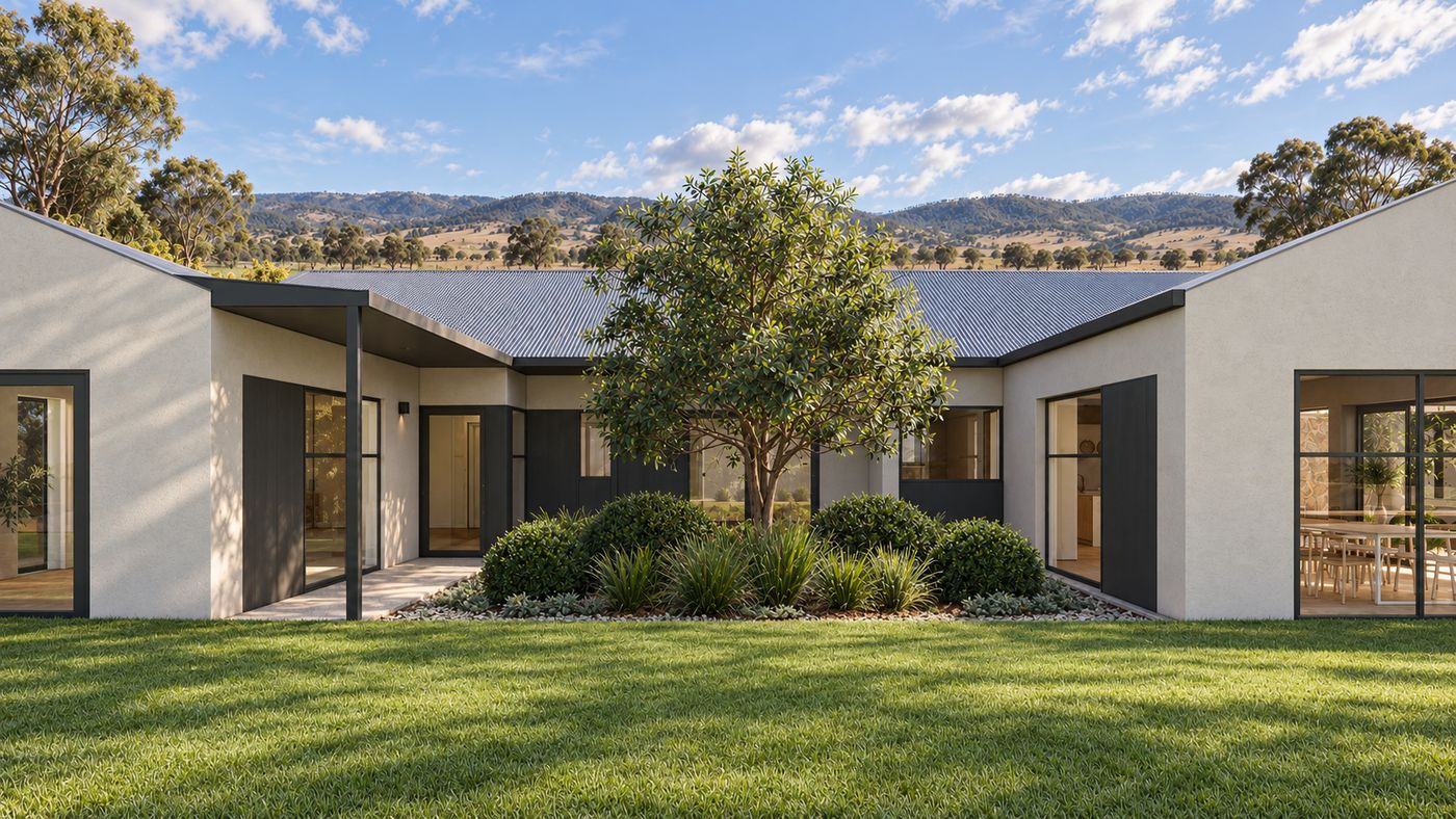 Inner courtyard between two gabled wings with a feature tree and layered planting