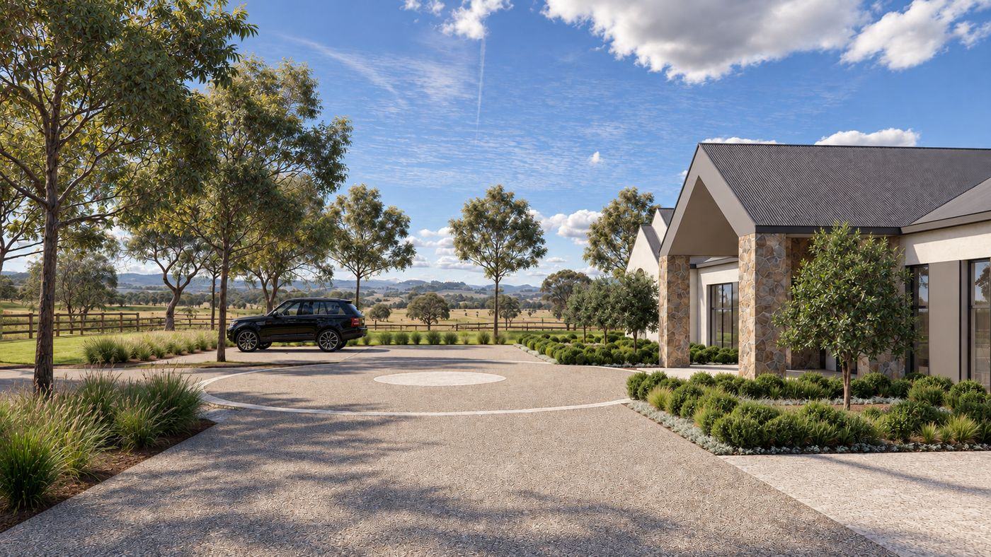 Exposed aggregate forecourt and turning circle beside the stone entry