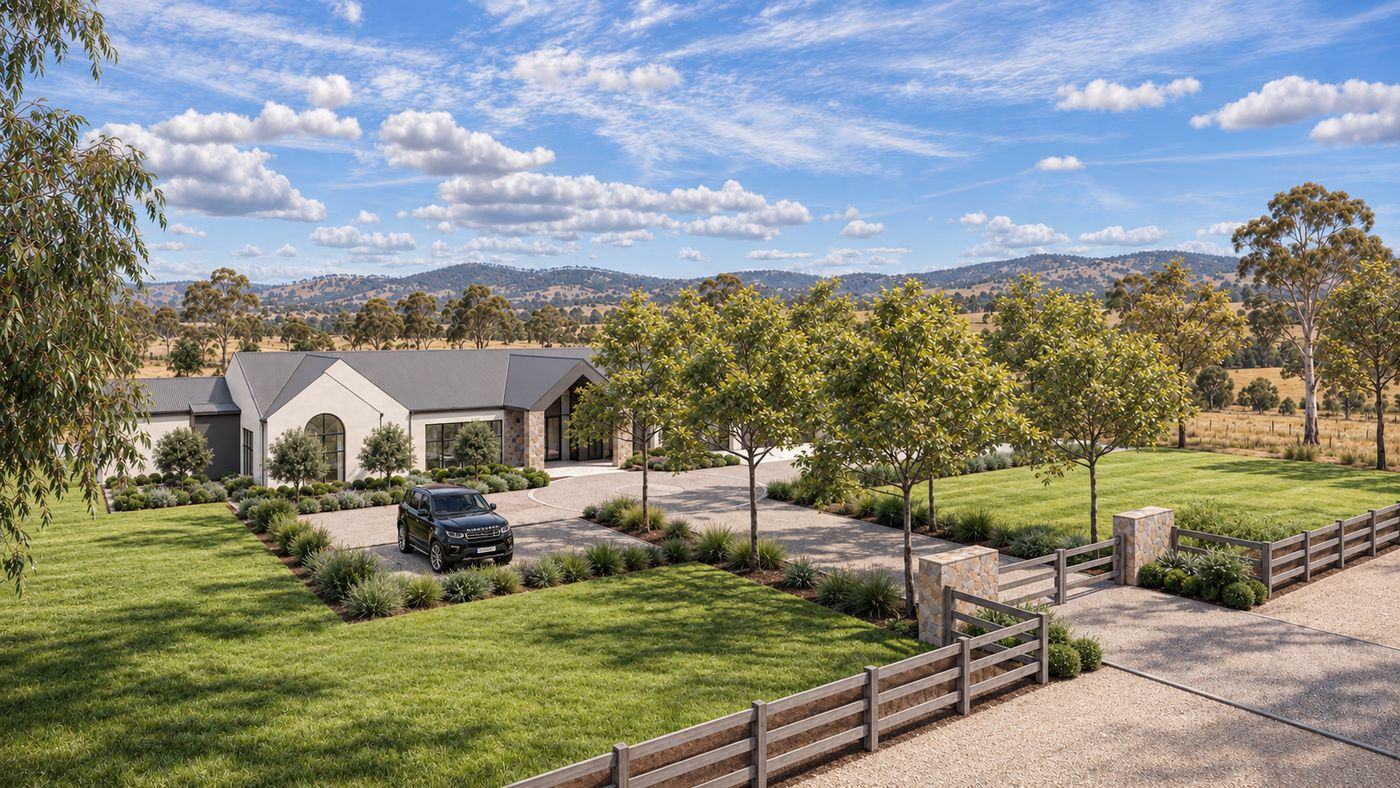 Elevated view of the gated approach, lawns, planted beds and the house with hills behind
