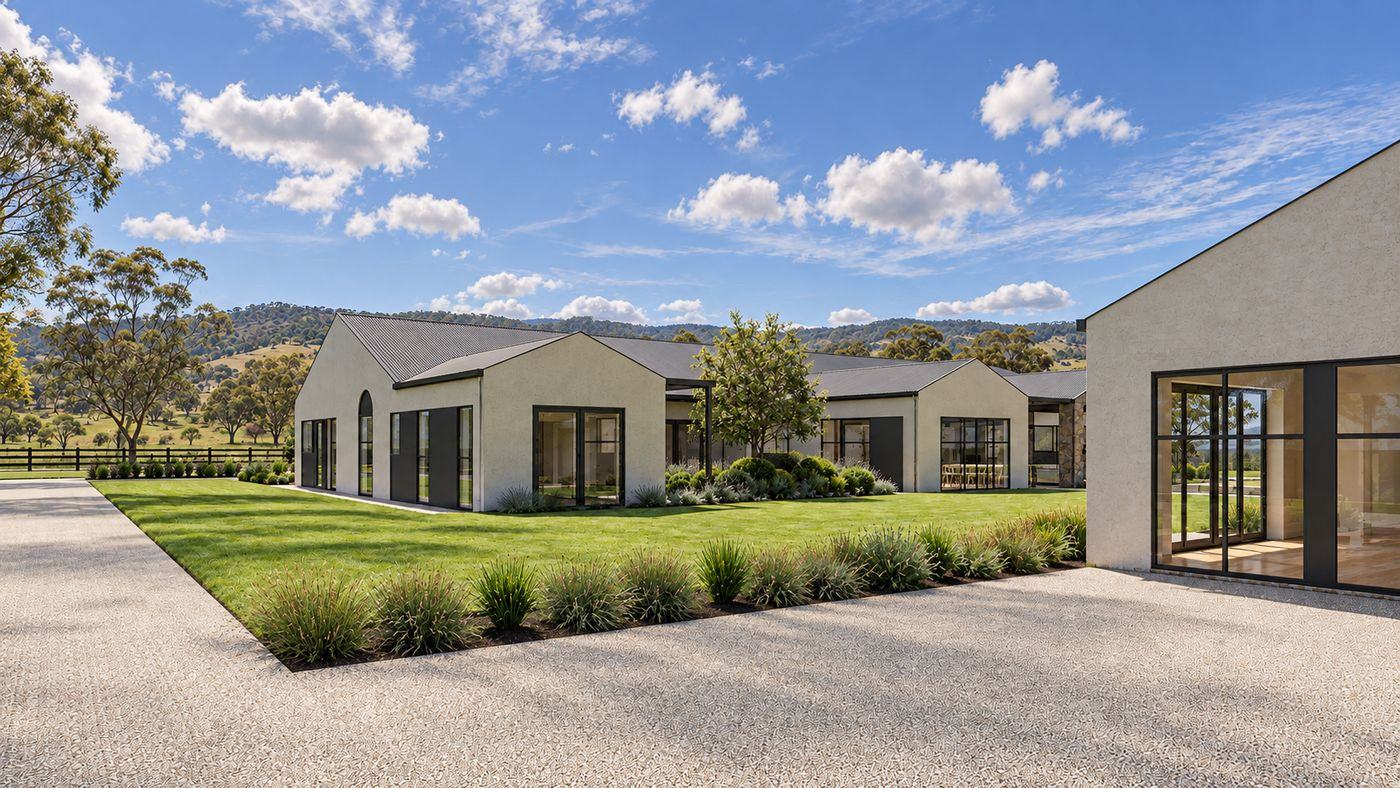 Lawn framed by the gabled wings with grass borders along the drive