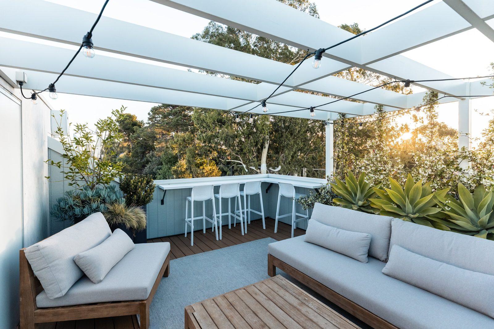 Rooftop terrace with lounge, bar seating, festoon lights and agaves under a white pergola