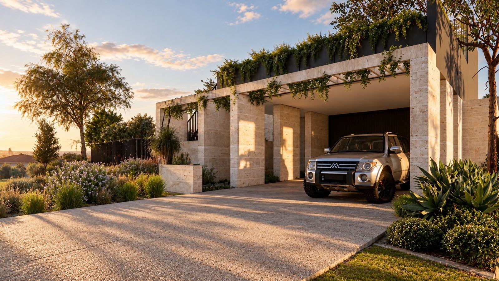 Limestone carport and driveway in late afternoon light with agave and native planting