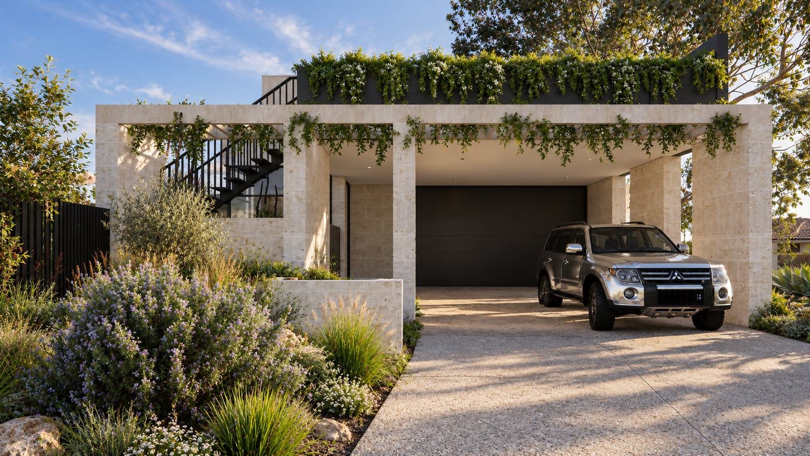Limestone carport and stair beneath a planter of trailing jasmine, beside drifts of rosemary and grasses