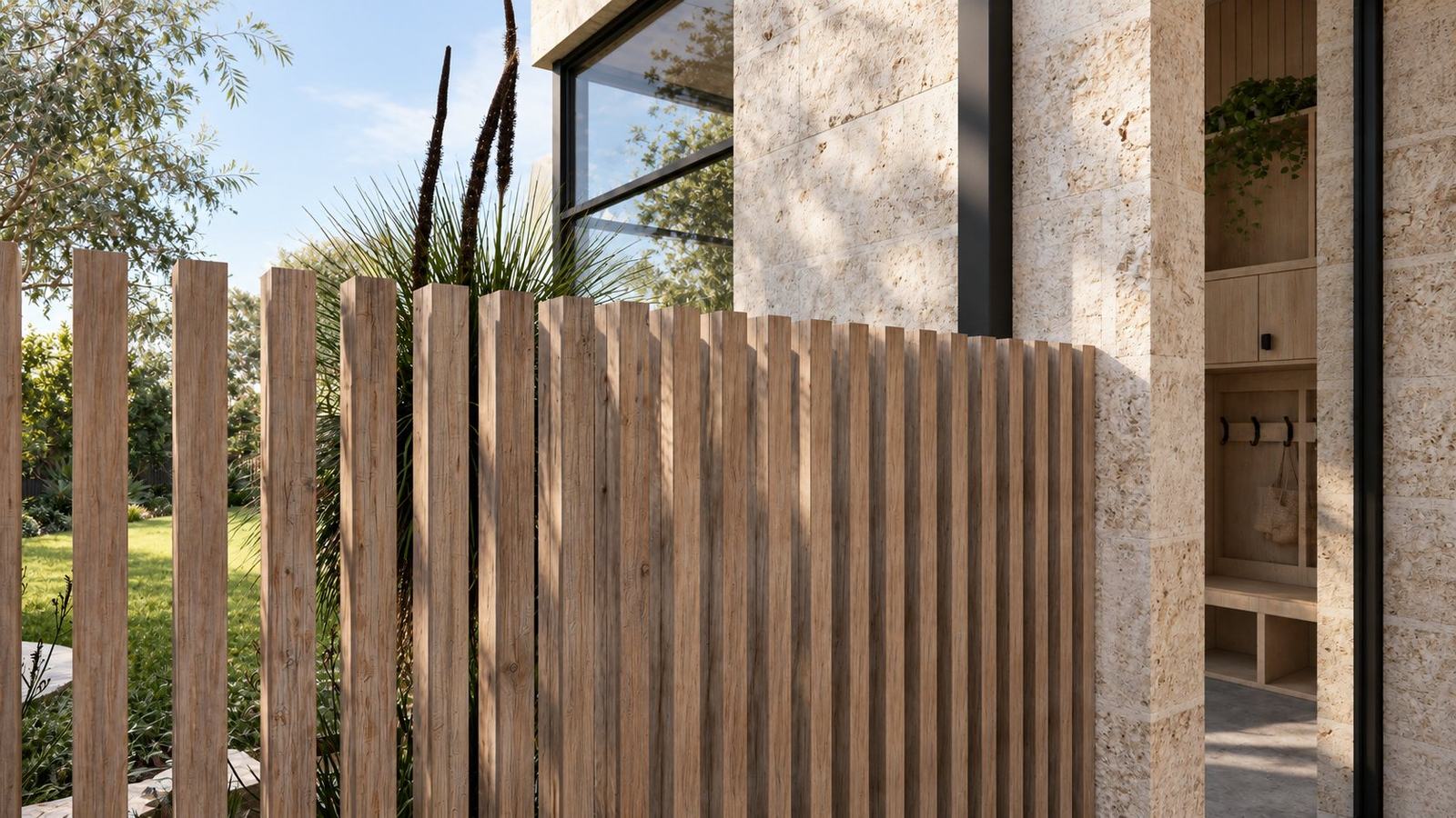Timber battened fence against limestone cladding with a grass tree behind