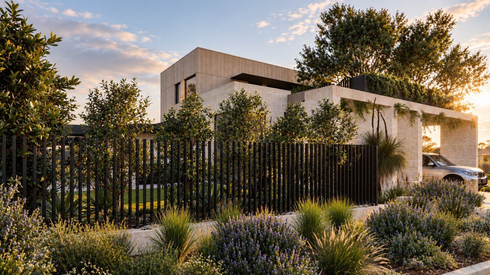 Strathyre House: limestone and timber extension behind a black battened fence and drifts of lavender and grasses at sunset