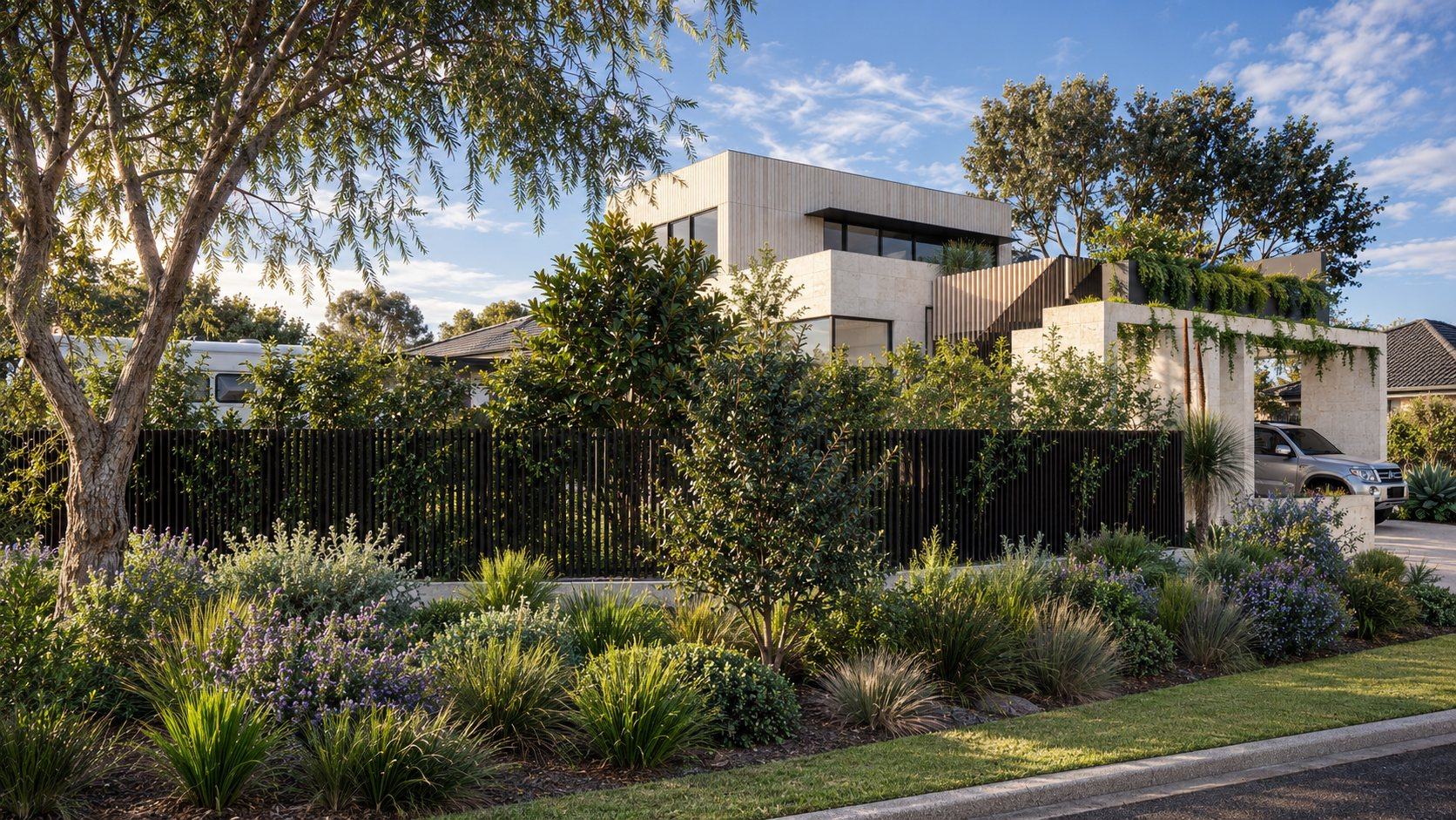 Street garden of grasses and flowering shrubs in front of a battened fence and the limestone extension