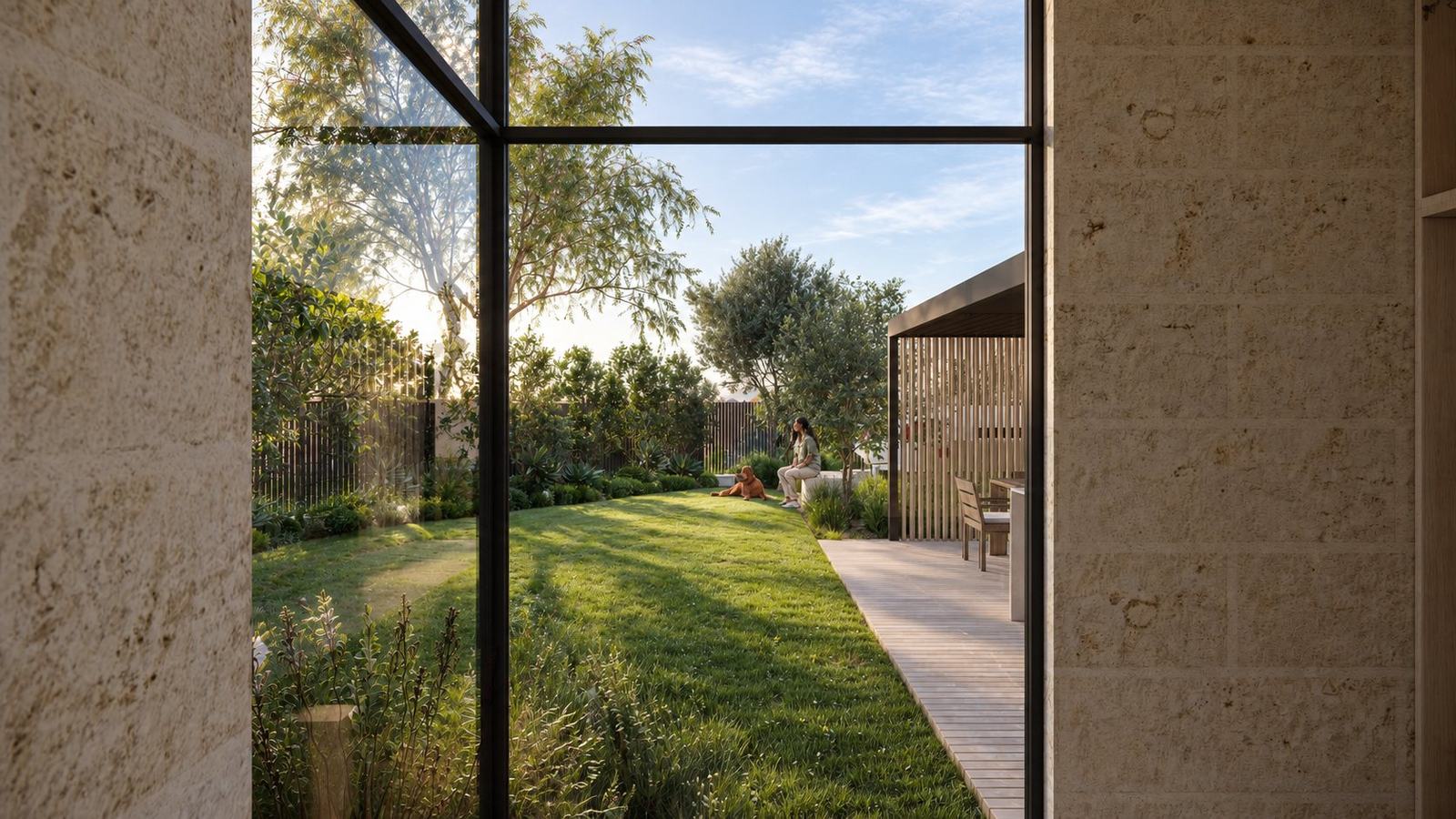 Strathyre House: view through a steel-framed window to the lawn, garden seat and battened deck