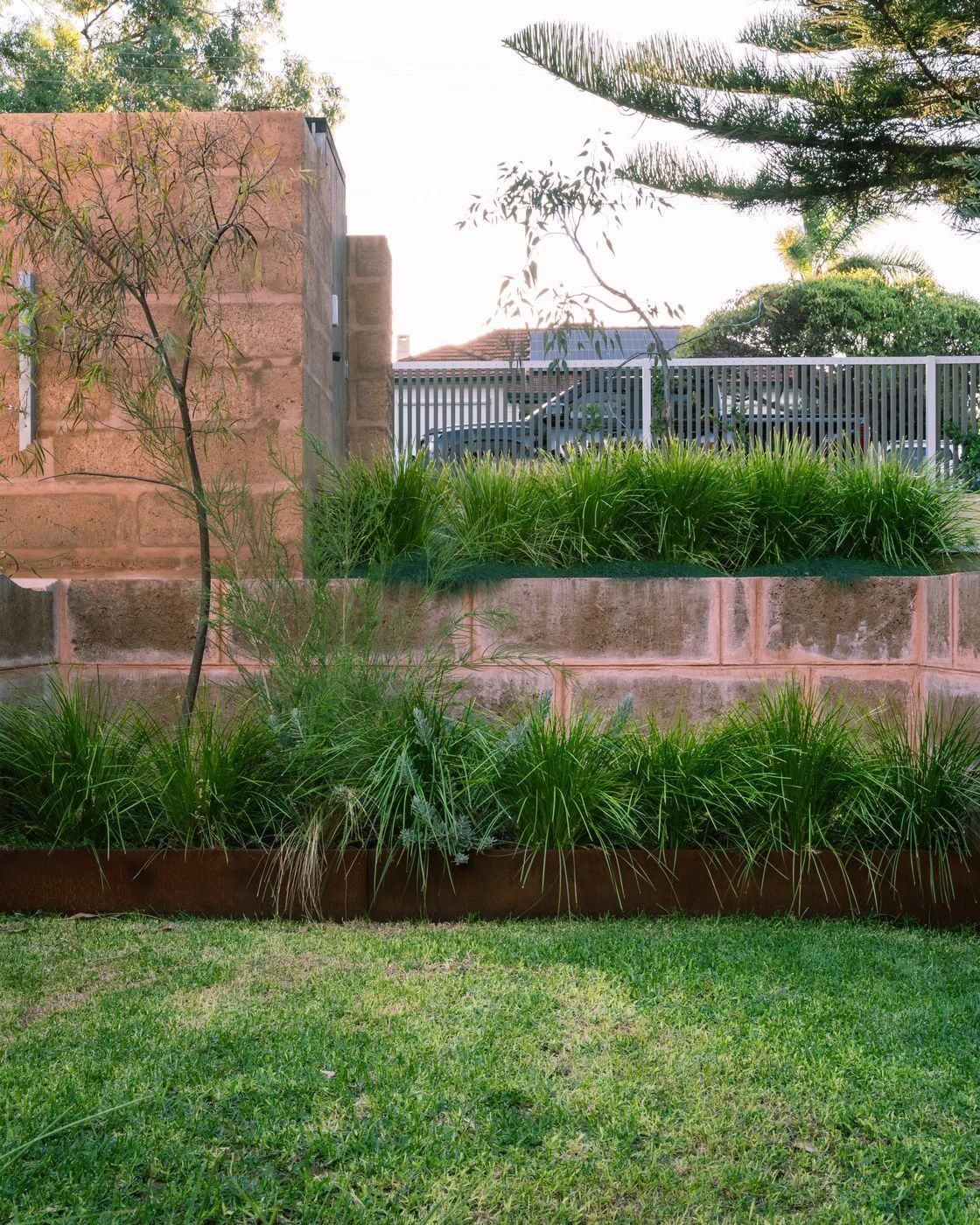 Lawn edged in corten steel against layered native grasses and block retaining walls