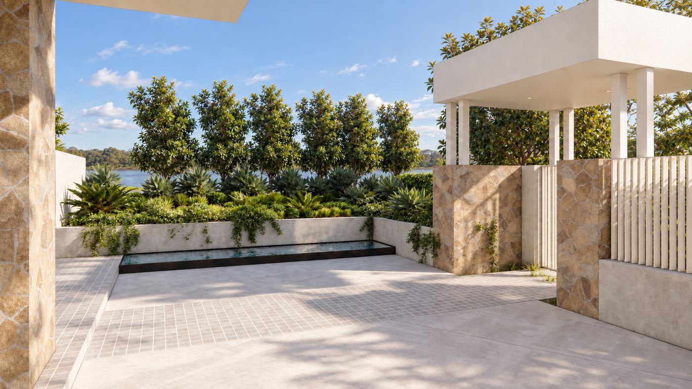 Entry court with mosaic paving, a reflection pond, raised planter and river view
