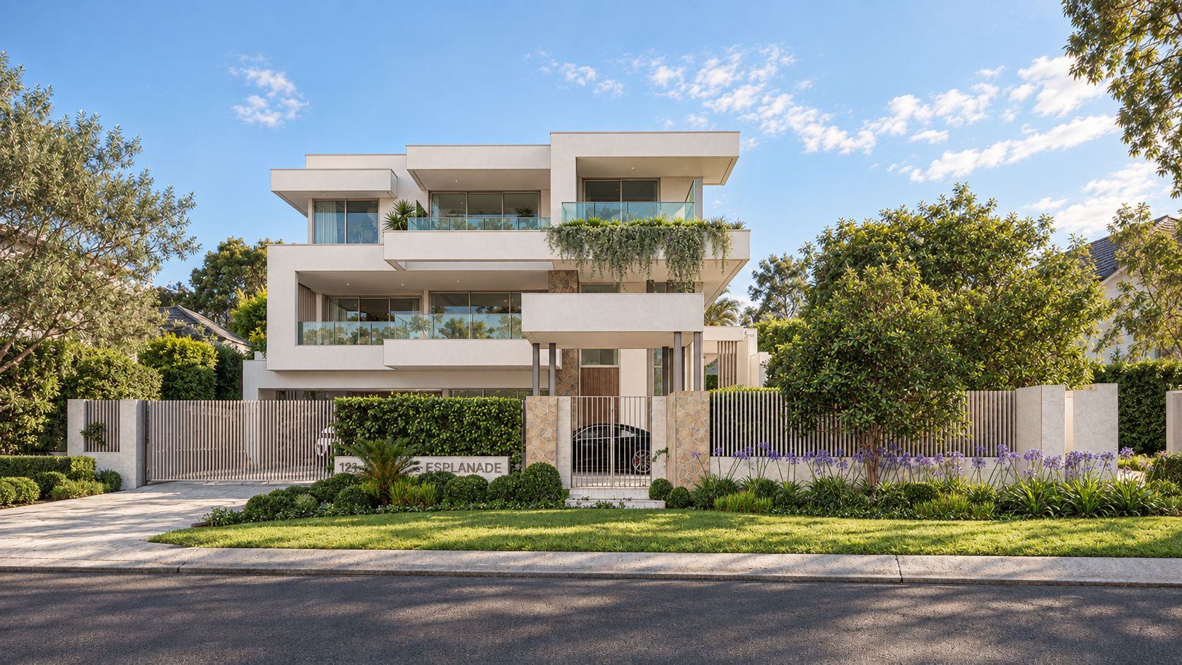 Three-storey white residence behind stone-clad entry piers, batten fencing, agapanthus and clipped hedging