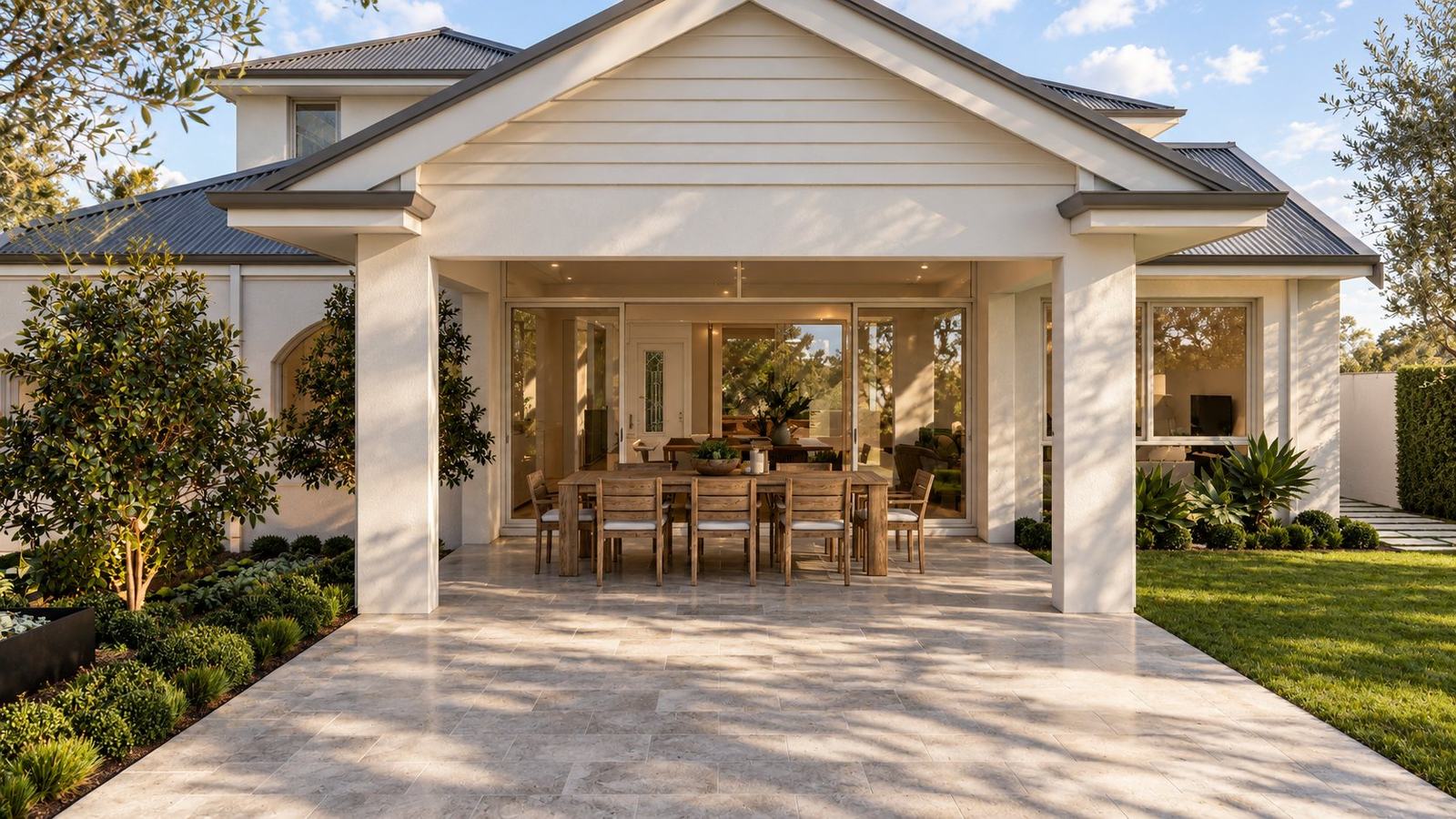 Hurstford Close Residence: travertine terrace leading to a gabled alfresco with outdoor dining, flanked by magnolias and agave