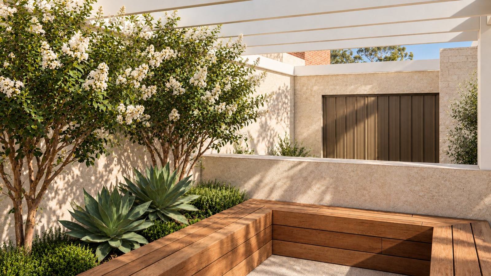 Built-in timber bench under a white pergola beside flowering crepe myrtle and agave