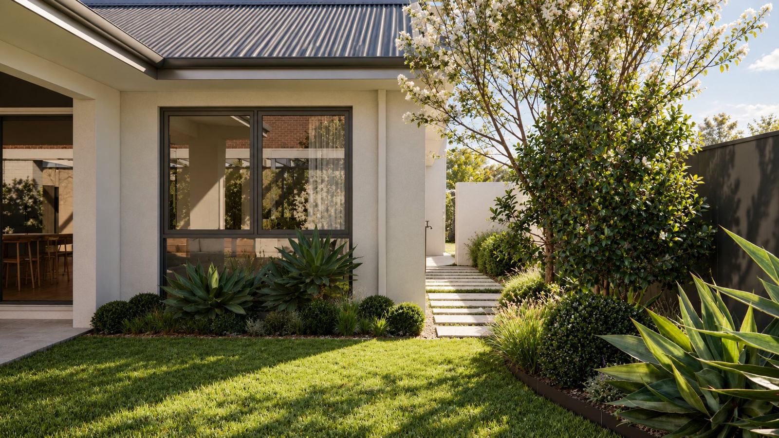 Lawn beside the house with agave and clipped shrubs below a window, and stepping stones past a flowering tree