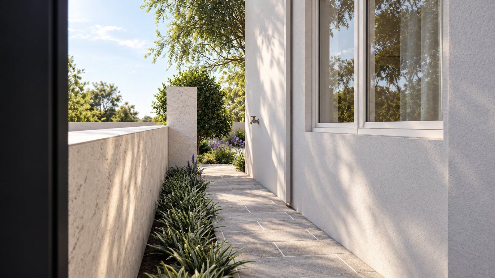 Paved side path between a limestone wall and the house, edged with lilyturf and agapanthus