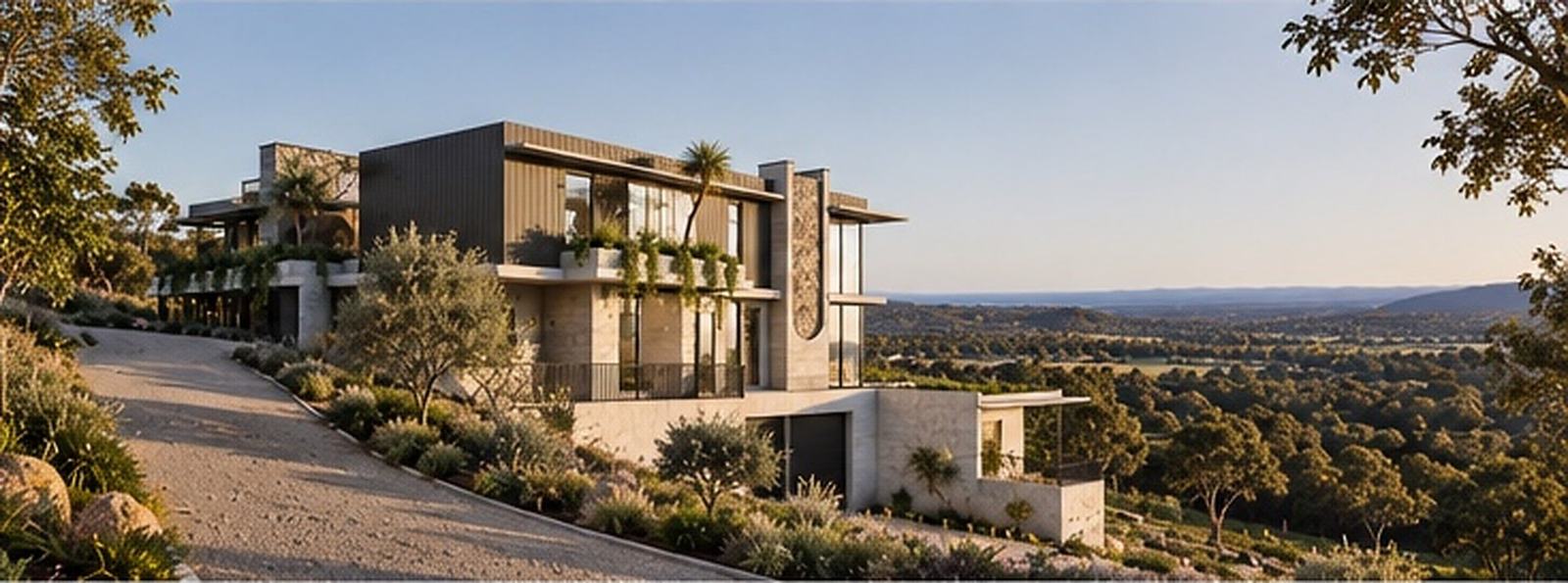 Gravel drive curving down past the house through native planting, with valley views beyond