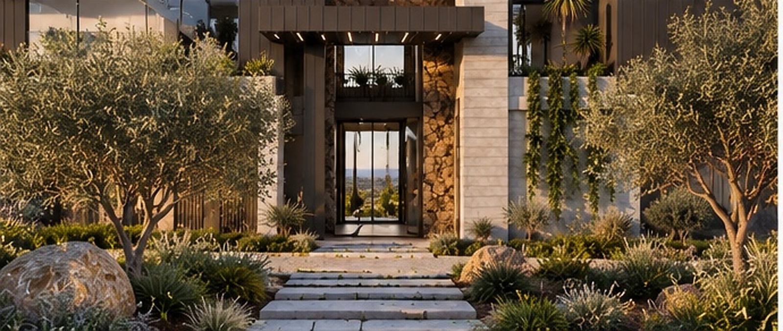 Stone steps between olive trees and boulders leading to a glazed entry framed in stone and dark cladding