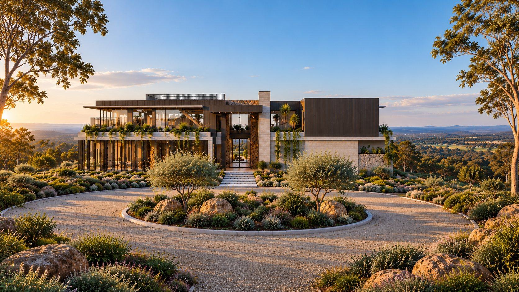 Horseshoe Residence: stone and dark-clad hilltop home behind a gravel turning circle planted with olives, boulders and native shrubs