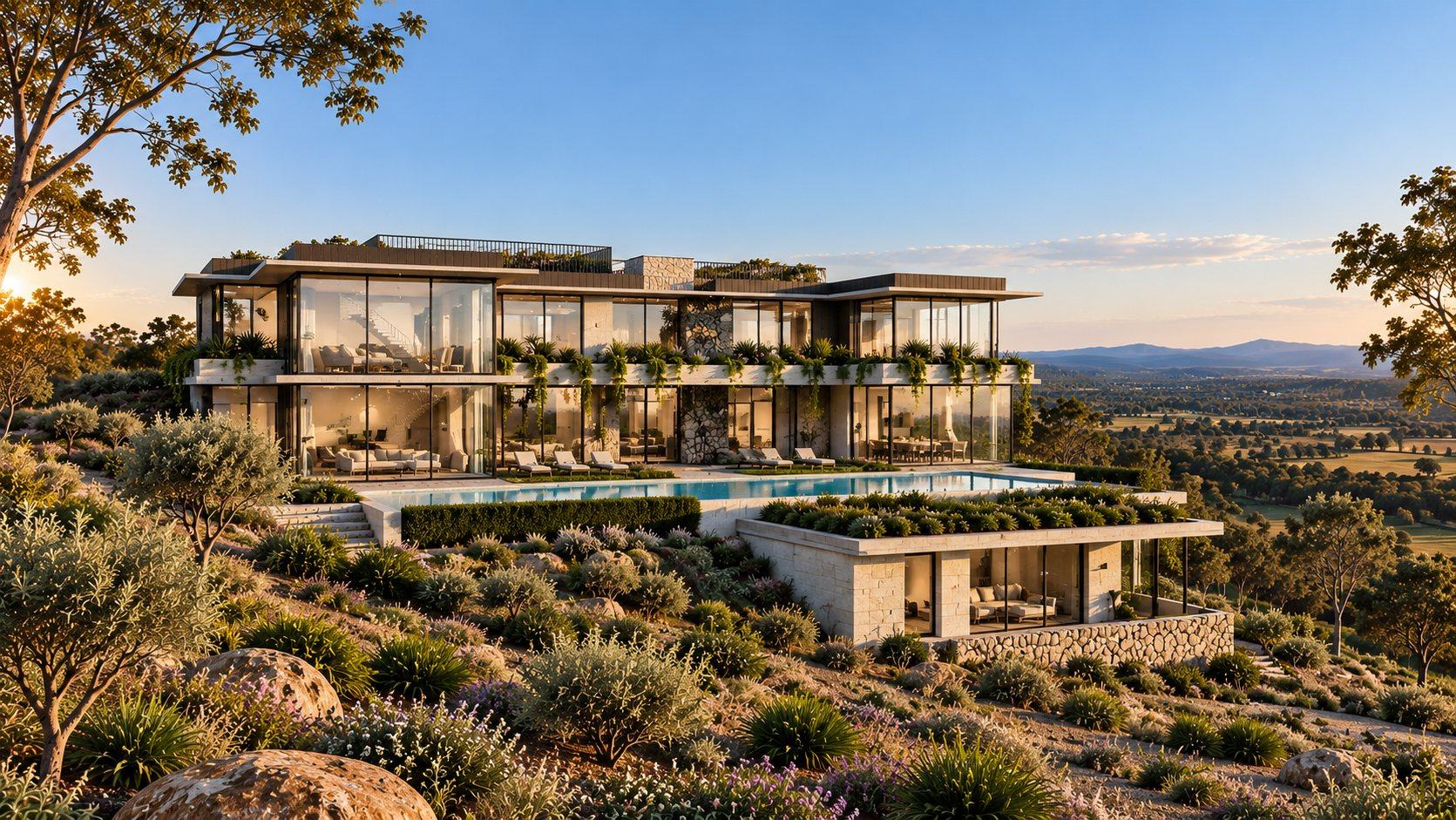 Infinity pool and terraces below the glazed residence, with a planted roof over the lower pavilion and boulders in the foreground