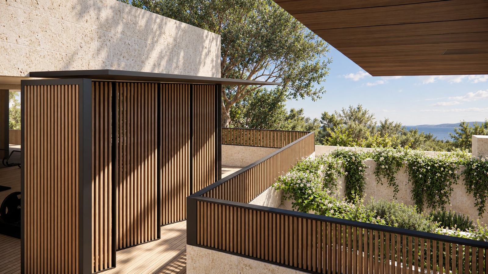 Timber deck with folding battened screens and a view across the treetops to the ocean