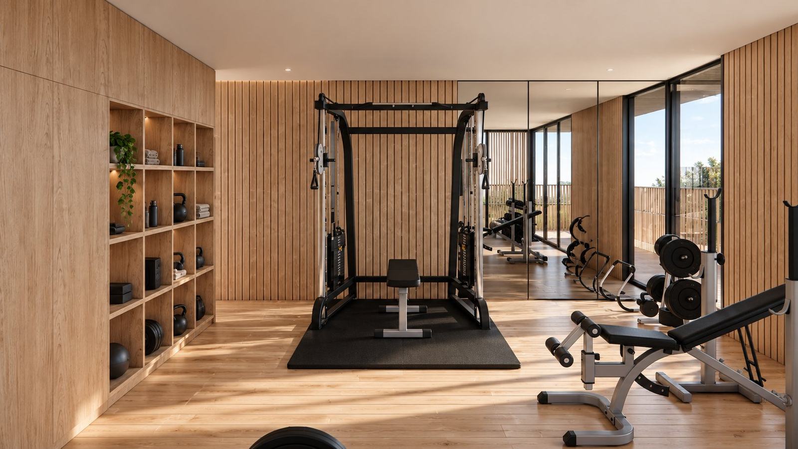 Home gym lined in timber with a mirrored wall and views to the terrace