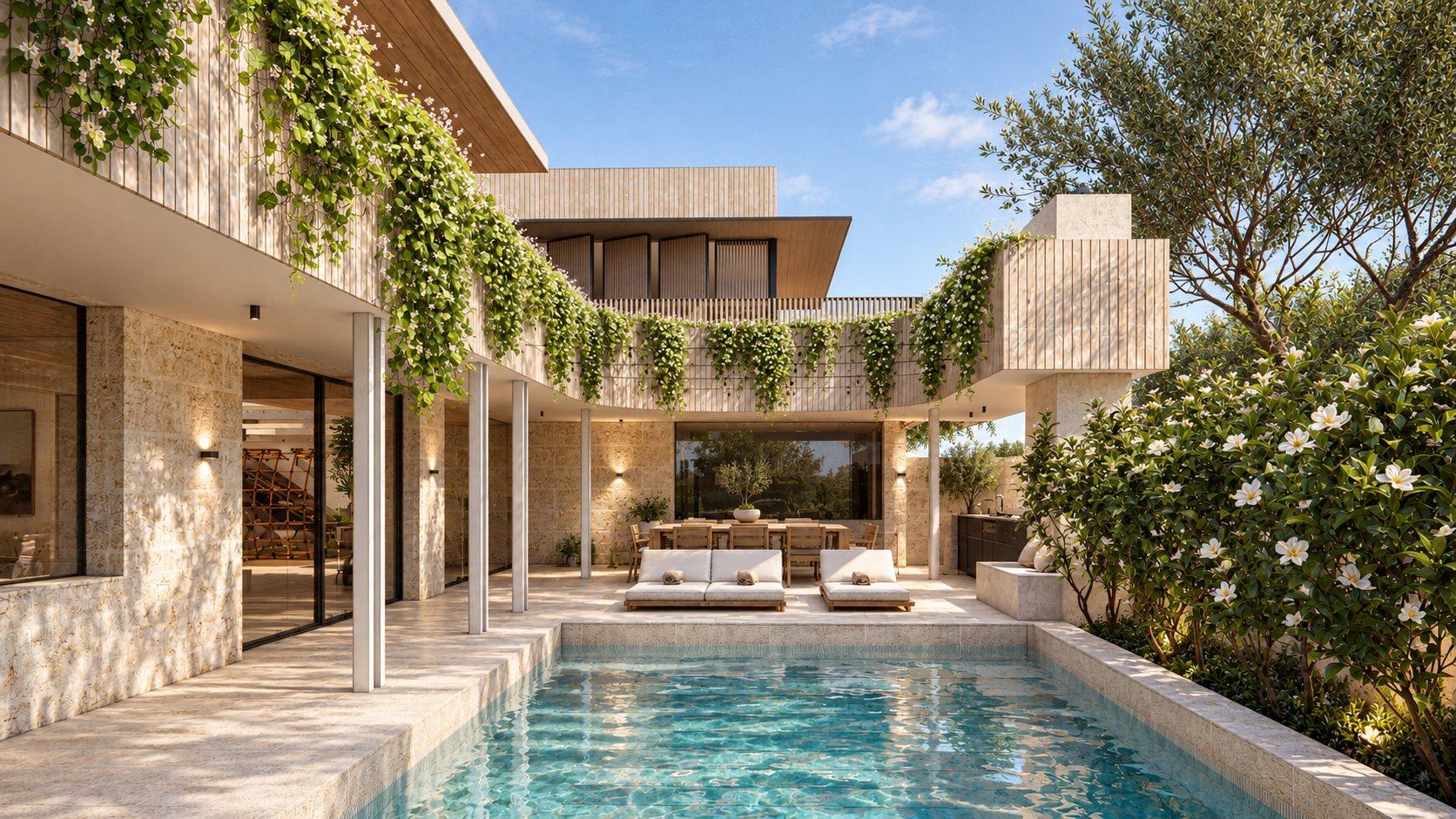 Marmion Street Residence: looking over the pool to the timber-battened extension draped in star jasmine