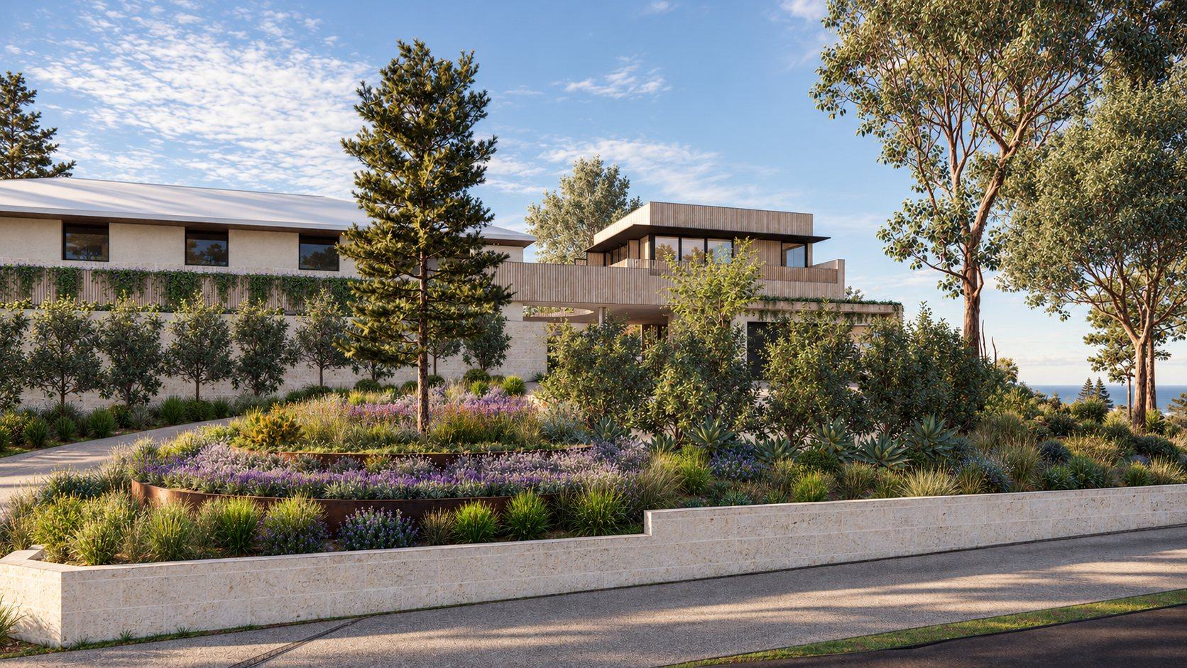 Limestone home and timber-clad extension above a terraced garden of lavender, grasses and a Norfolk pine