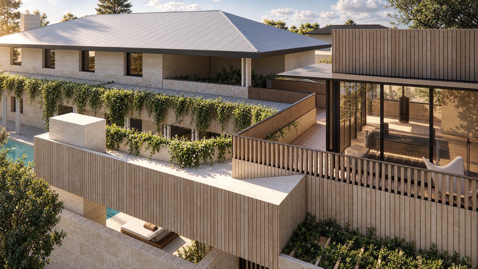 Marmion Street Residence: upper terrace with battened balustrade and jasmine-draped planters