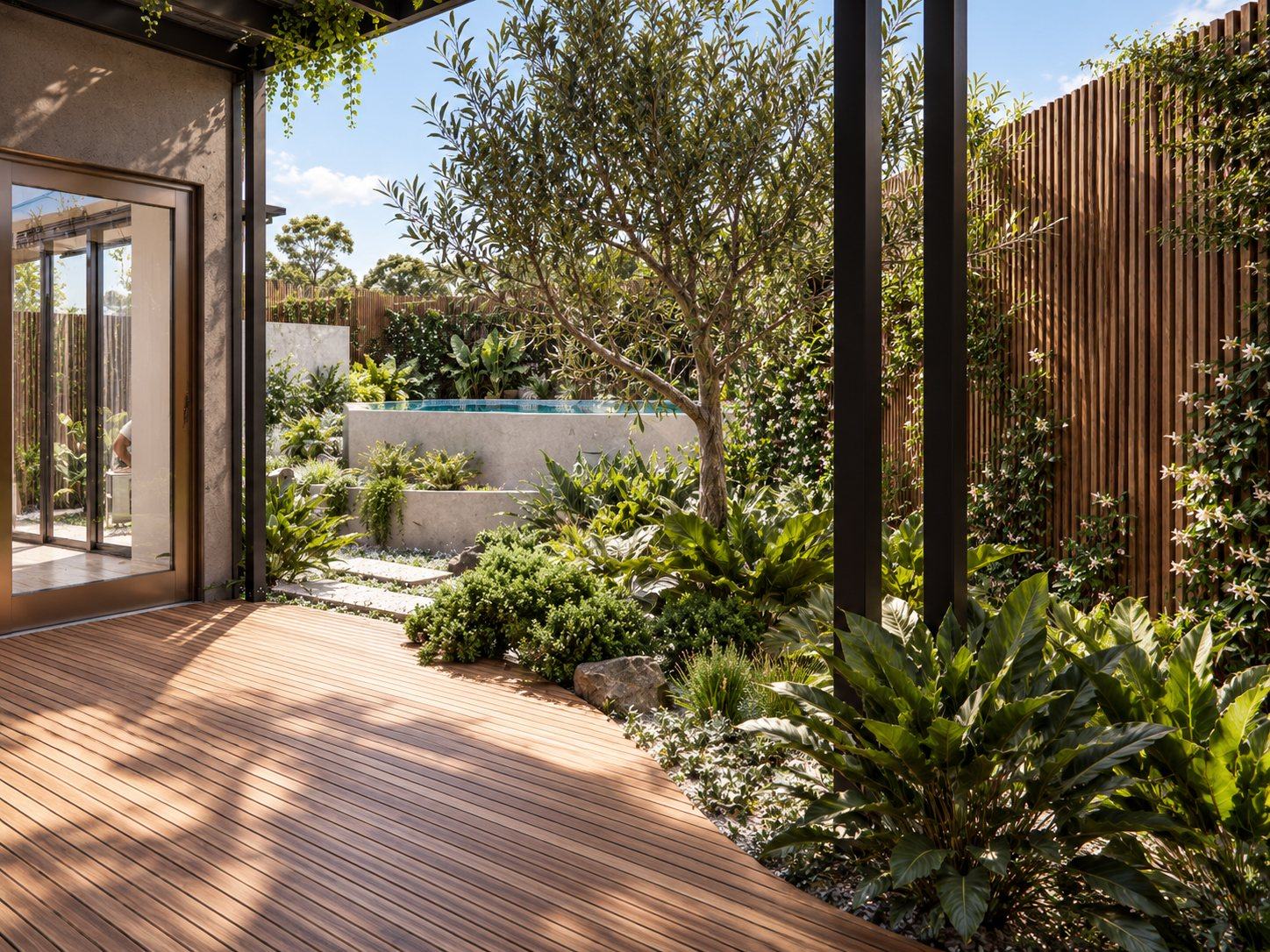 Timber deck curving past layered planting and an olive tree towards a raised pool