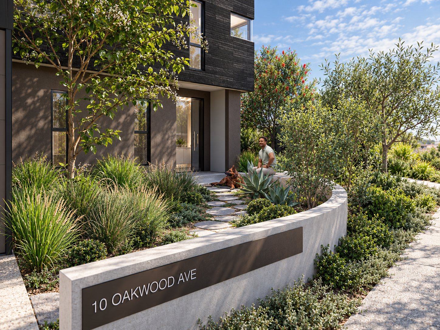Curved rendered entry wall with stepping stones through grasses and agave to the front door