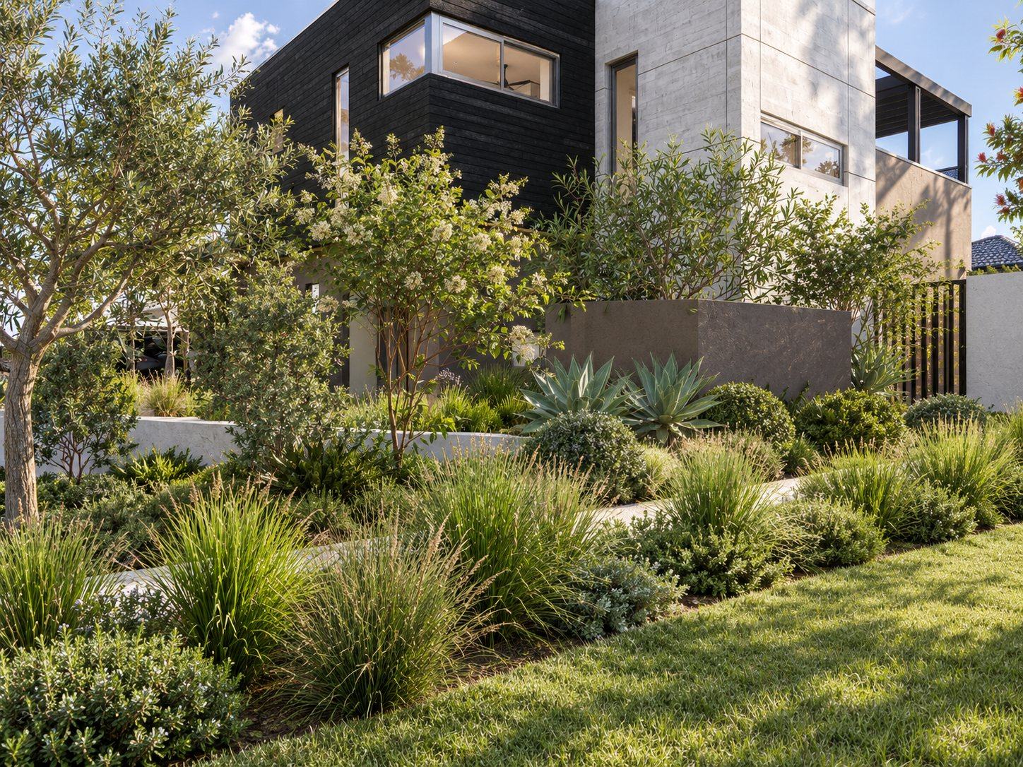 Drifts of grasses and shrubs below a black timber and concrete facade