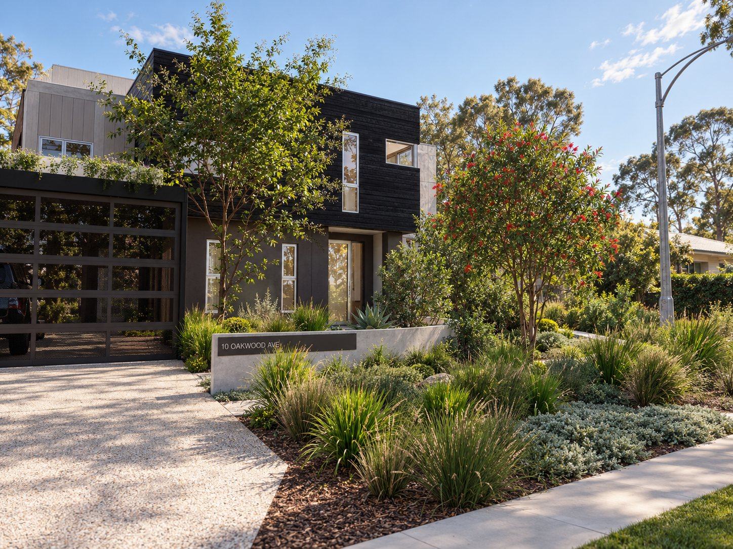 Oakwood Residence: black timber and concrete house behind layered grasses, a flowering gum and a curved address wall