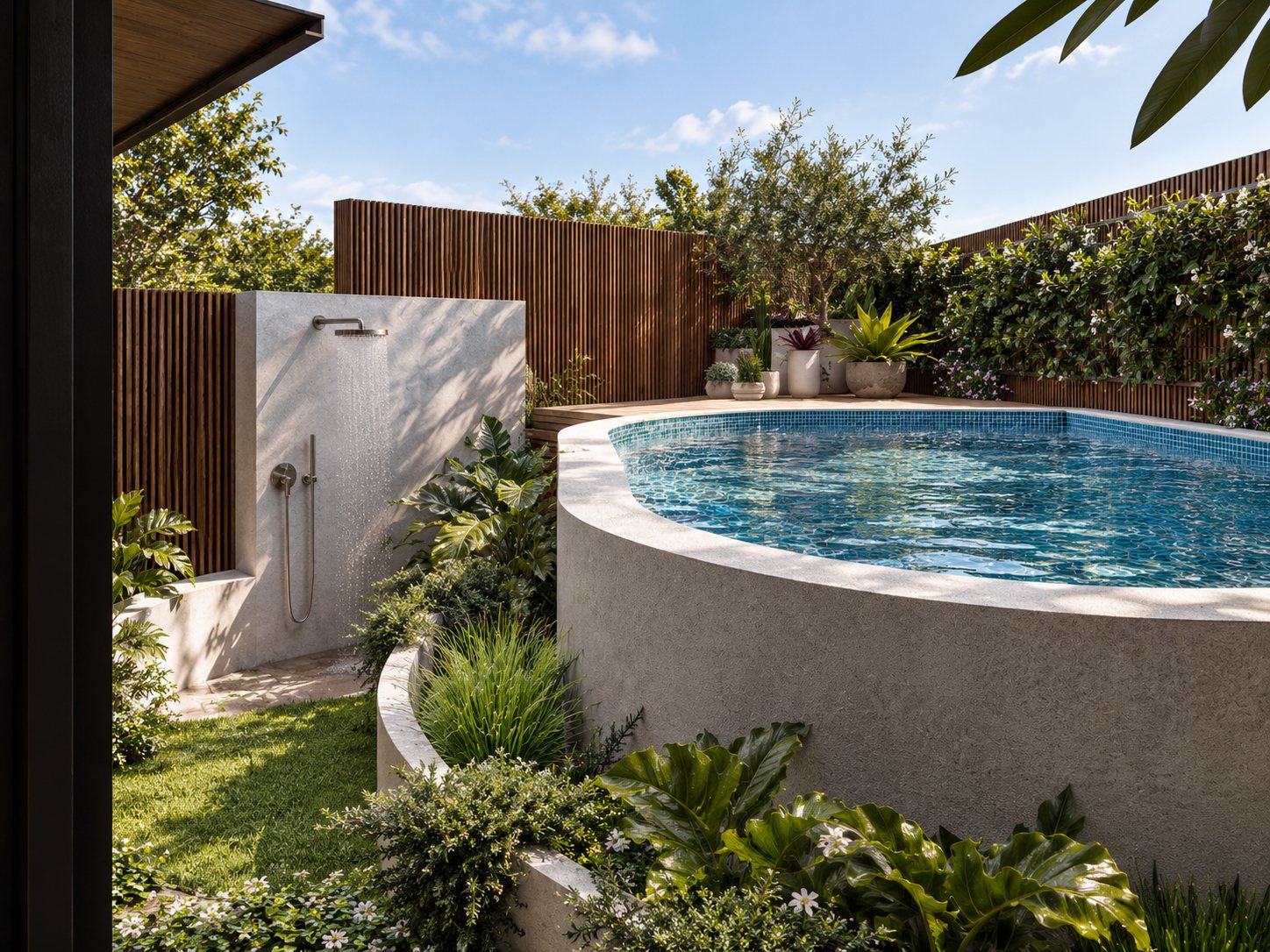 Curved raised pool with mosaic tiles beside a stone outdoor shower wall and timber battened fence