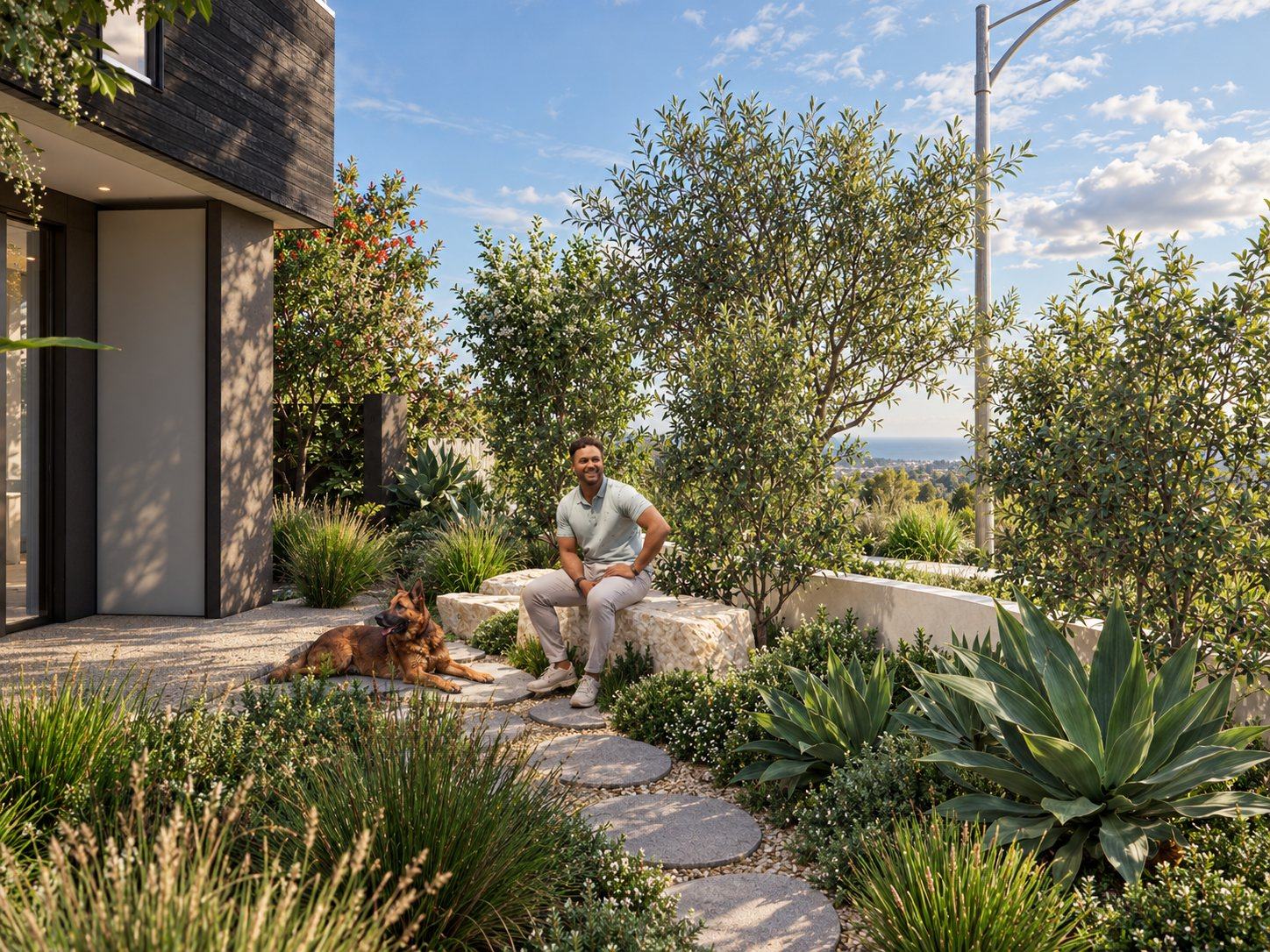 Stone bench among olives and agave with stepping stones and a distant ocean view