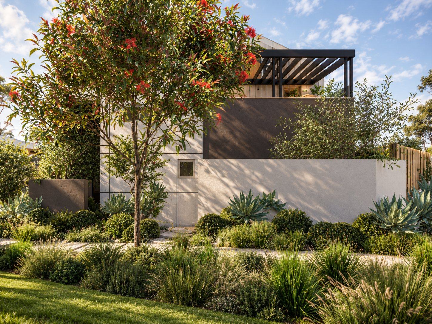 Red-flowering gum in front of a rendered wall with agave and clipped shrubs
