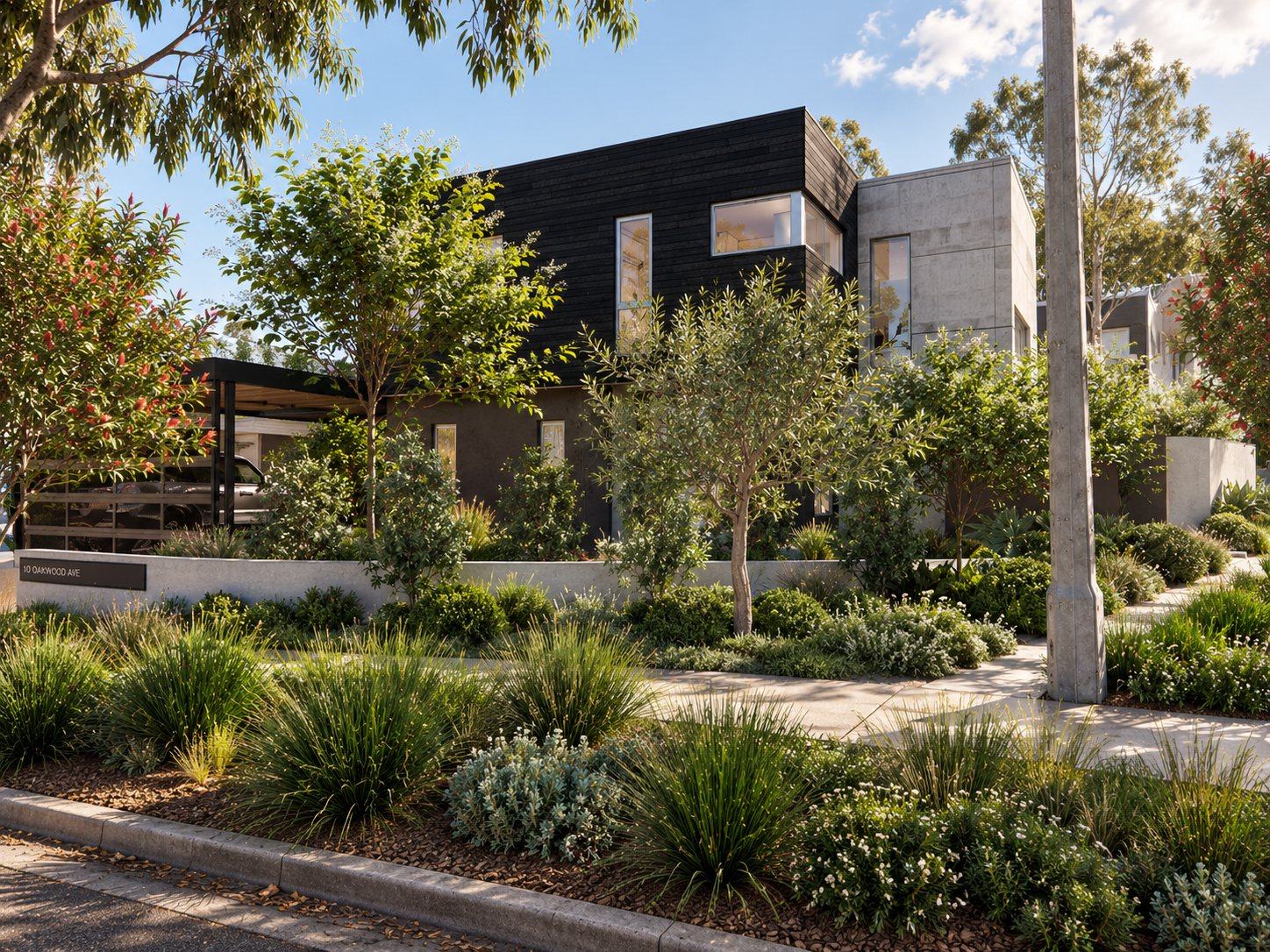 Verge of grasses and flowering shrubs in front of a black timber and concrete residence