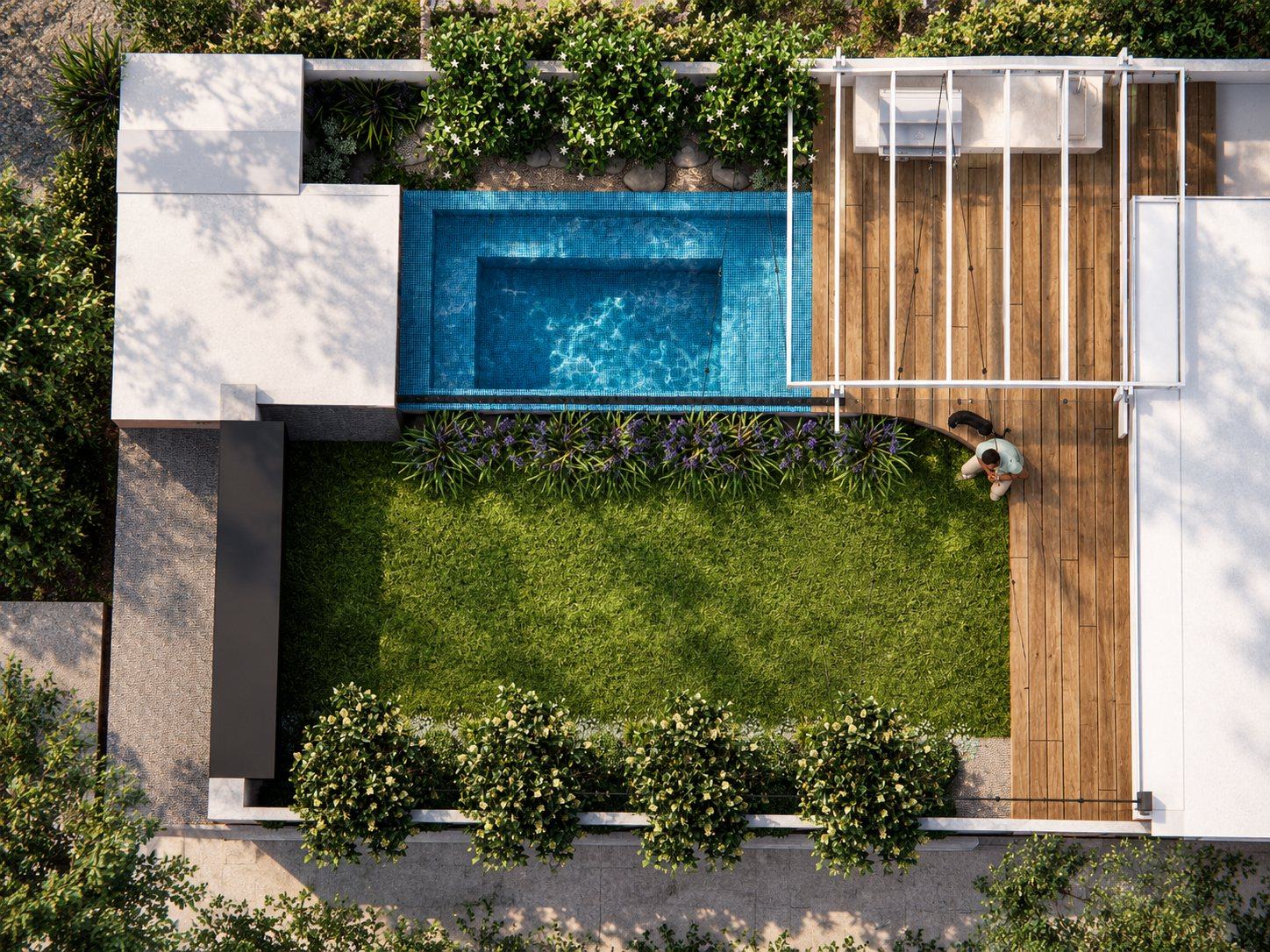 Overhead view of the plunge pool, lawn, timber deck, pergola and screen planting