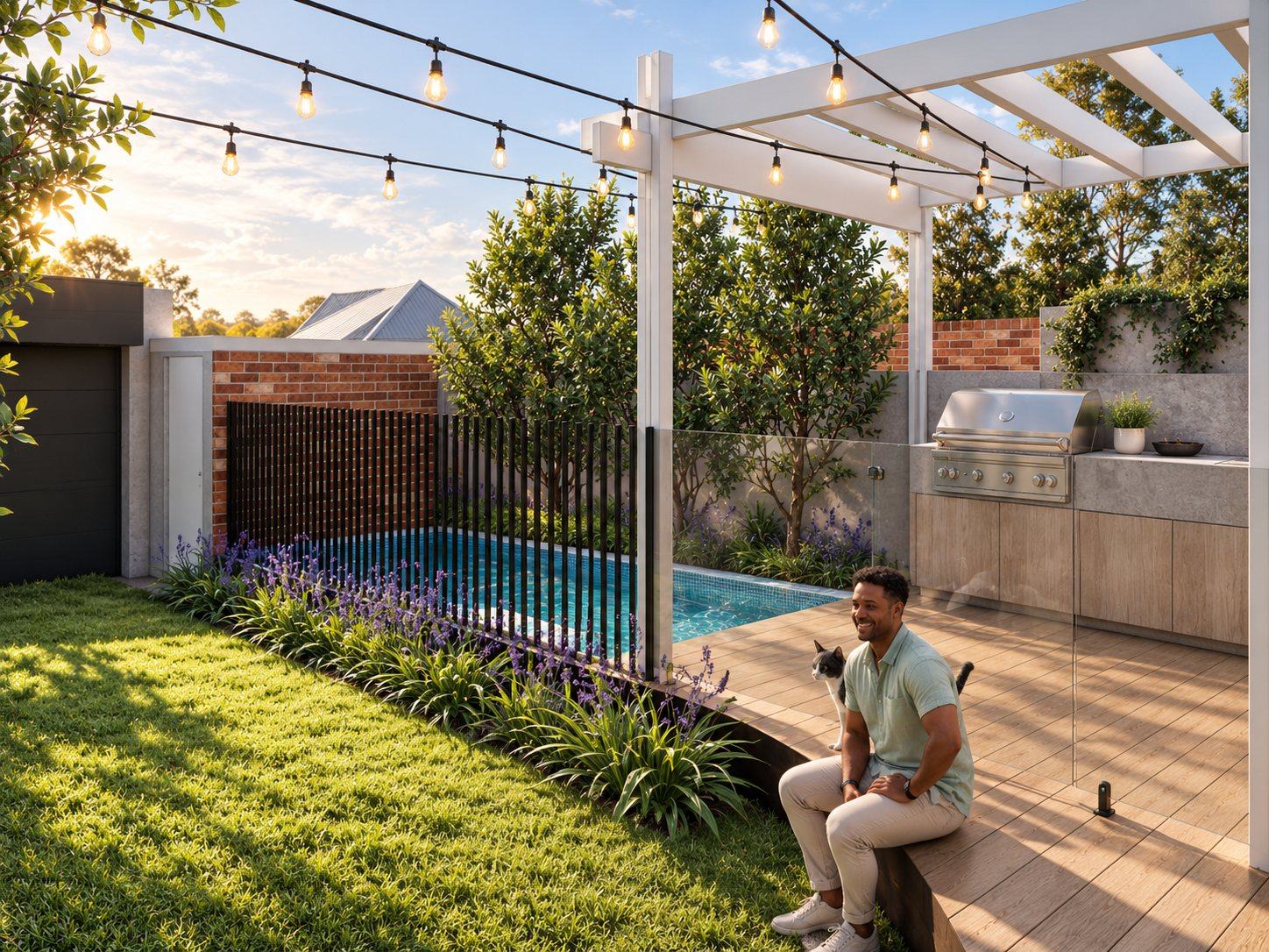 Pergola deck with outdoor kitchen beside the pool fence and lawn