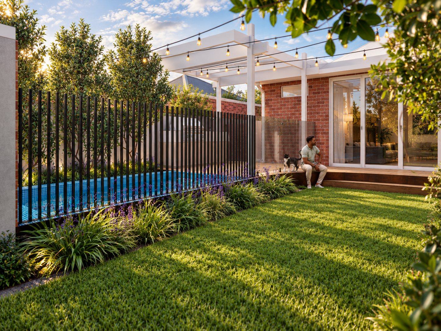 Palmerston Residence: late afternoon light across the lawn, plunge pool fence and pergola deck