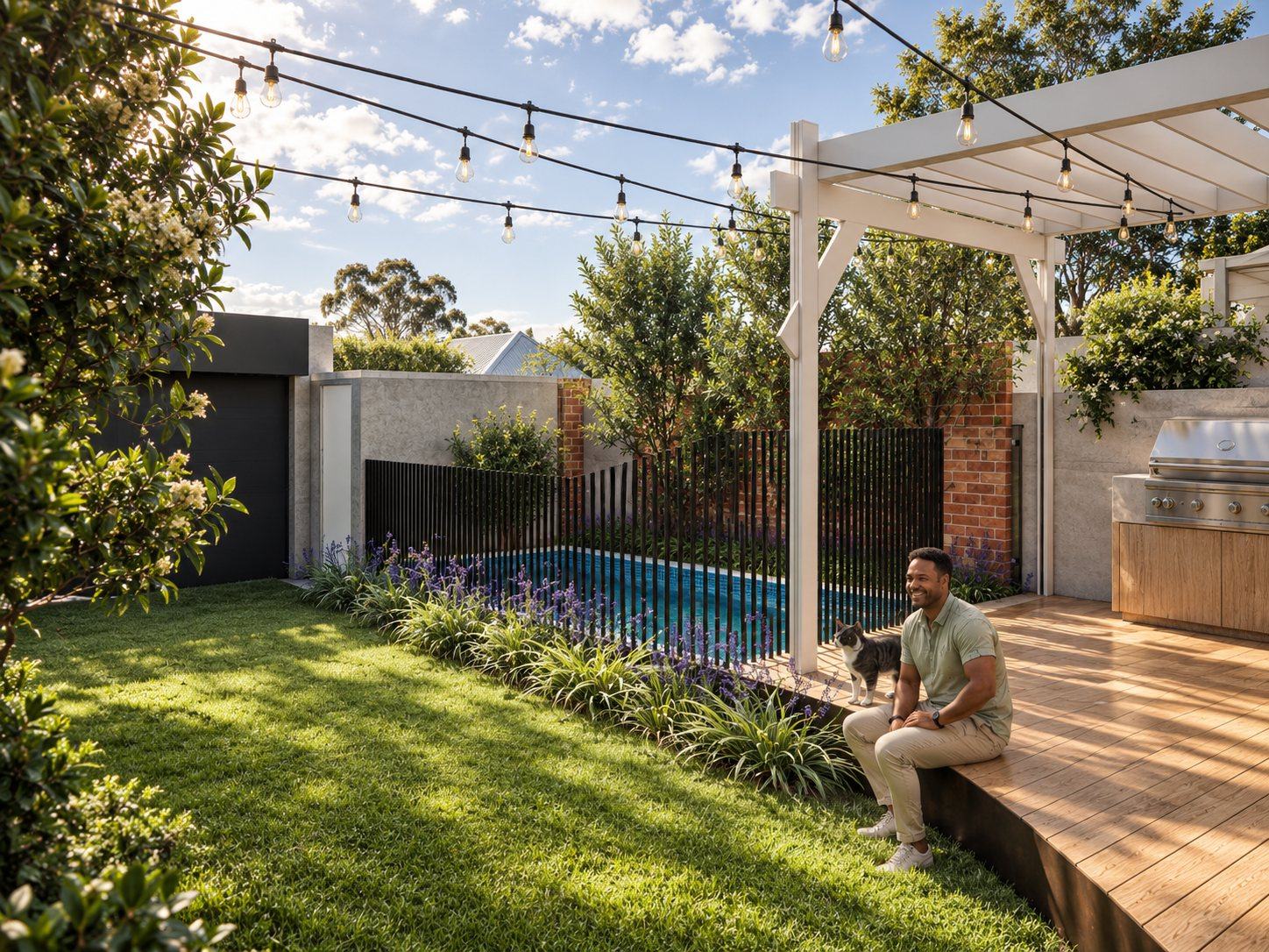 Lawn edged with lilyturf and salvia beside a black-battened pool fence, timber deck and white pergola with festoon lights