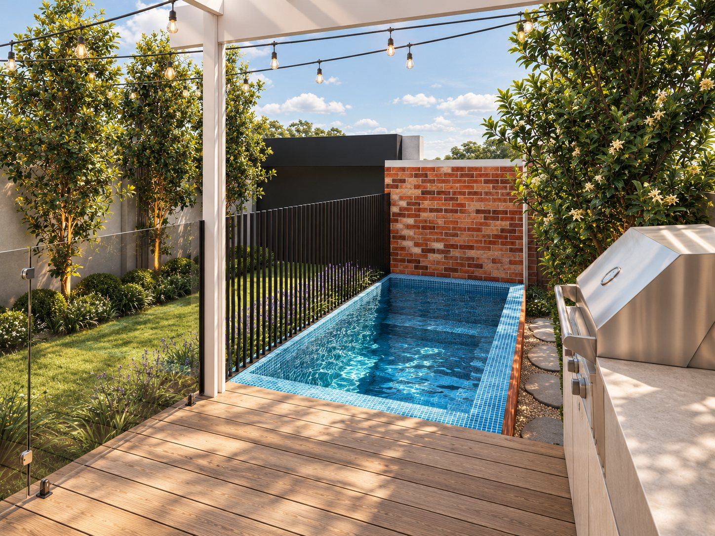 Mosaic-tiled plunge pool beside a timber deck, glass fence and outdoor barbecue