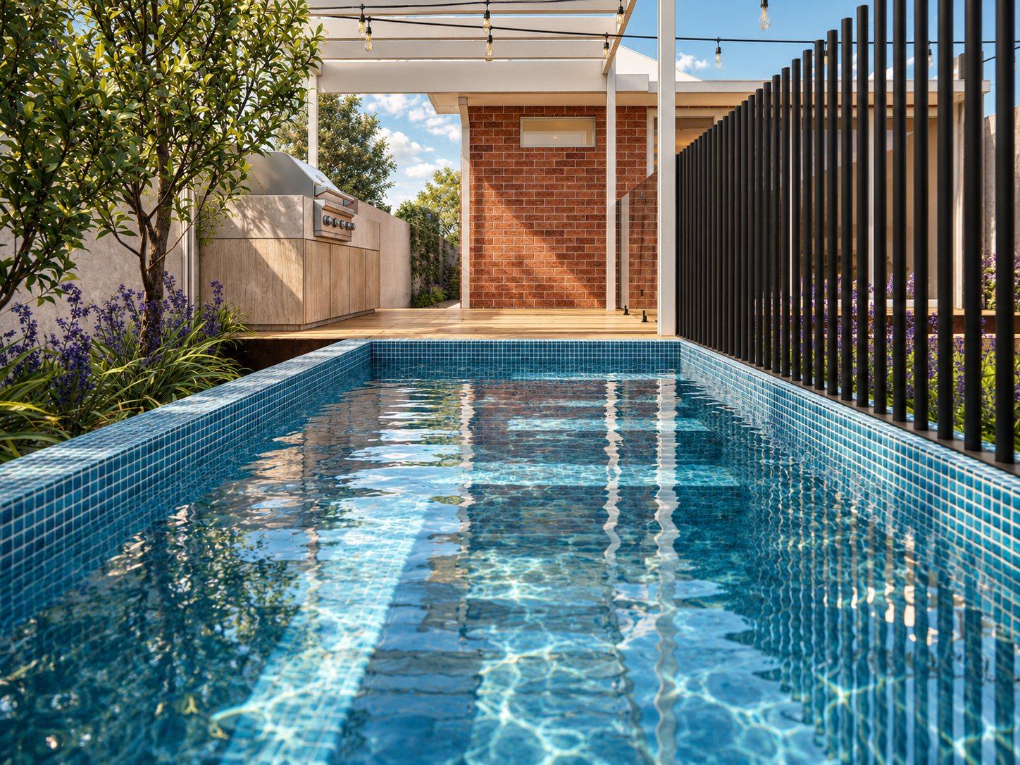 View along the plunge pool towards the recycled brick house and pergola
