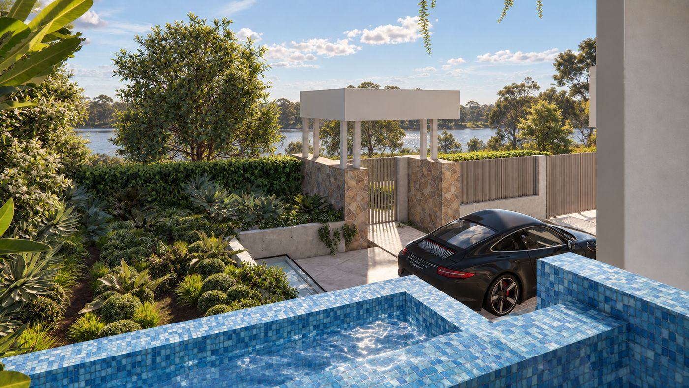 Mosaic-tiled spa edge overlooking garden beds, the entry pavilion and the river