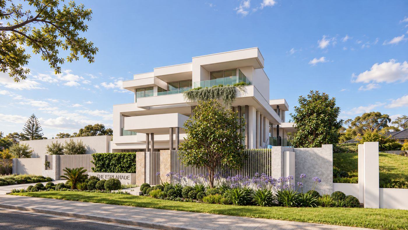 Corner view of the residence with layered cantilevered balconies, trailing planting and stone-clad piers