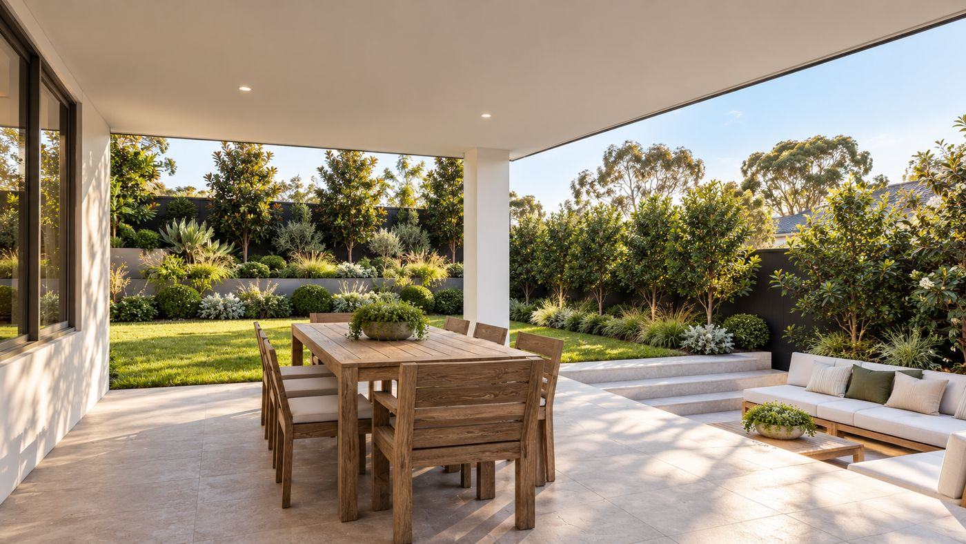 Covered alfresco with timber dining table, sunken lounge and a lawn bordered by layered planting