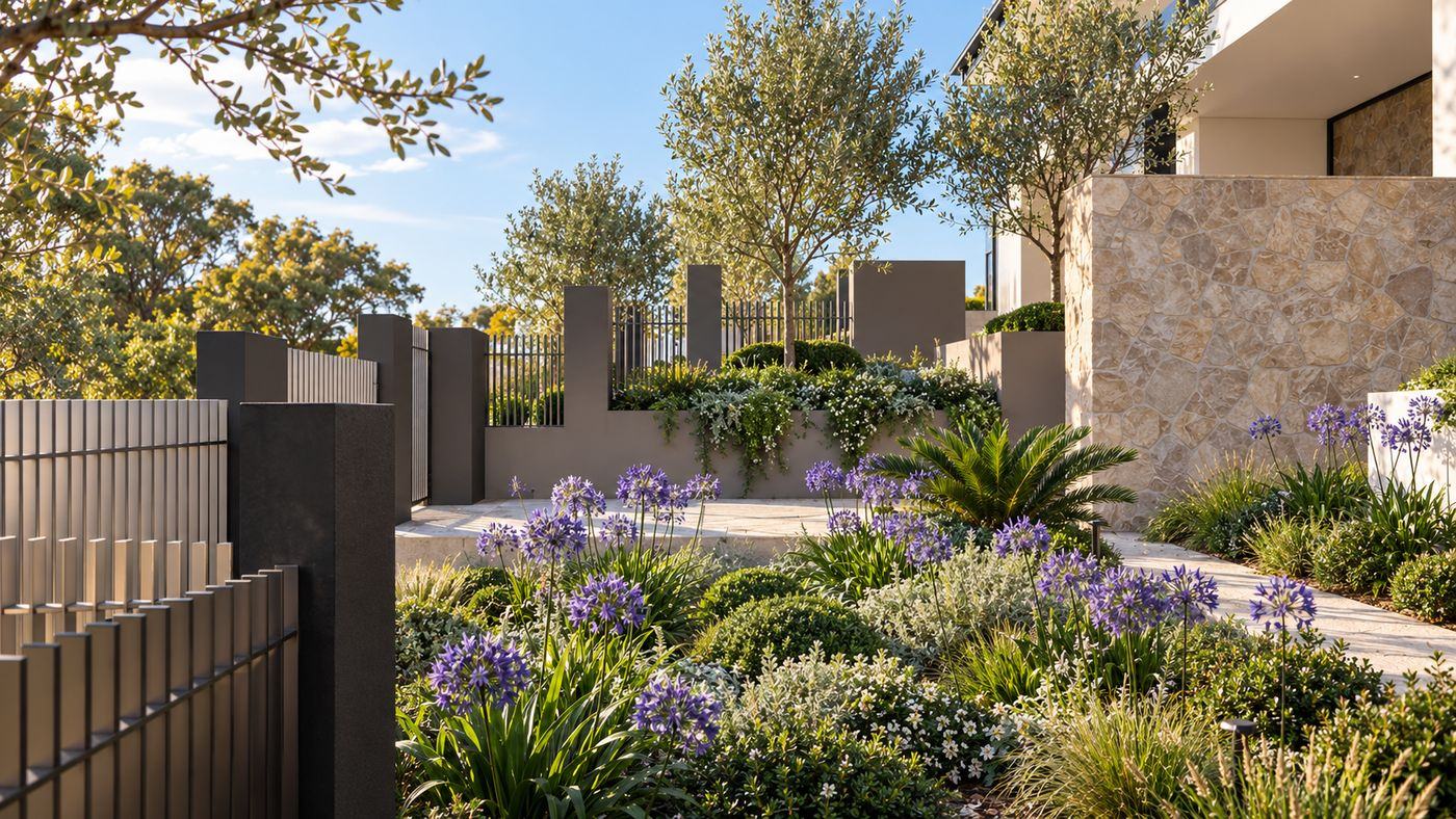 Front garden with agapanthus, silver foliage and a stone-clad wall behind dark piers