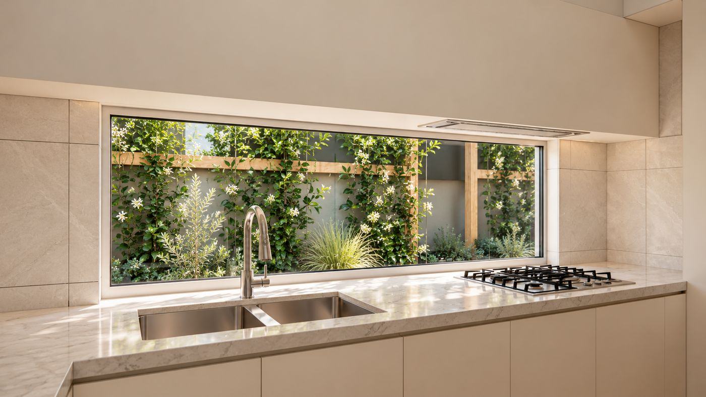 Kitchen splashback window looking onto star jasmine on a timber trellis