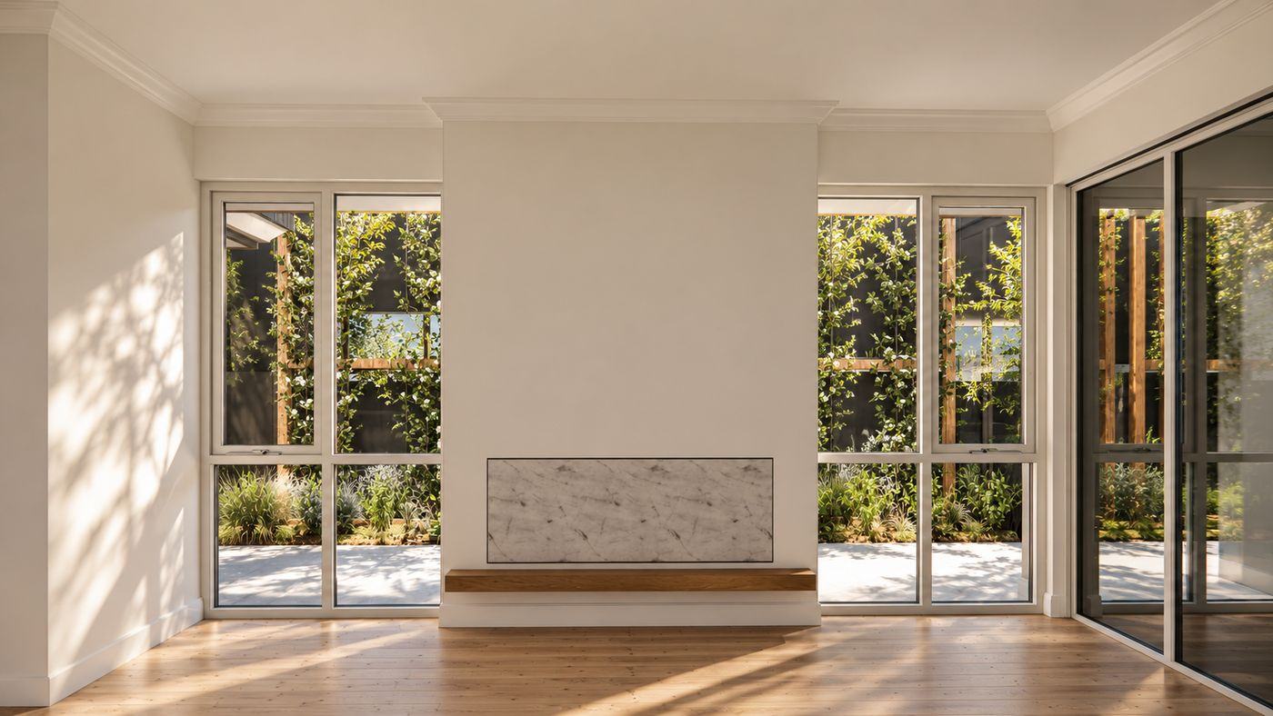 Living room with timber floor and fireplace, windows framing a jasmine-covered trellis